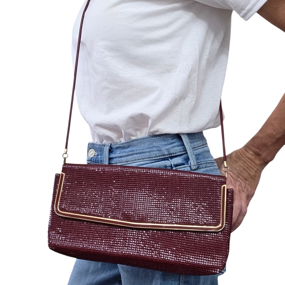 Vintage 80s Glomesh Burgundy Metal Mesh Shoulder Clutch Bag Gold Trim